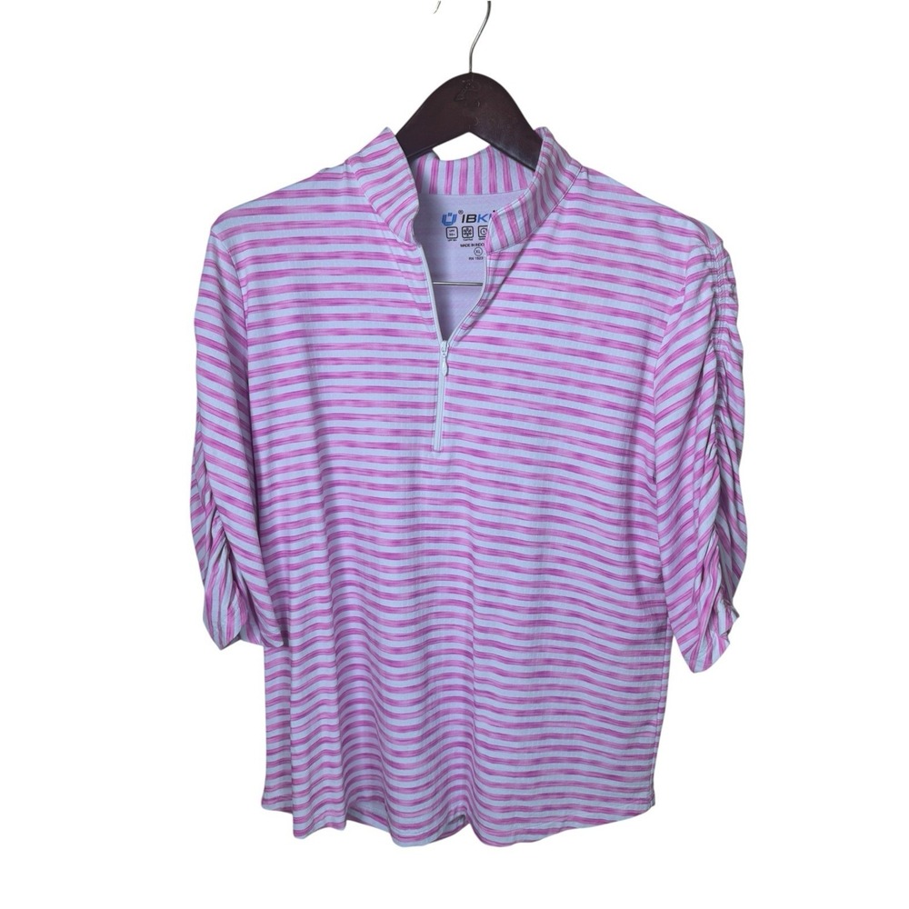 IBKUL Carolyn Pink Stripe Ruched Elbow Sleeve 1/4 Zip Top UPF 50 Size XL